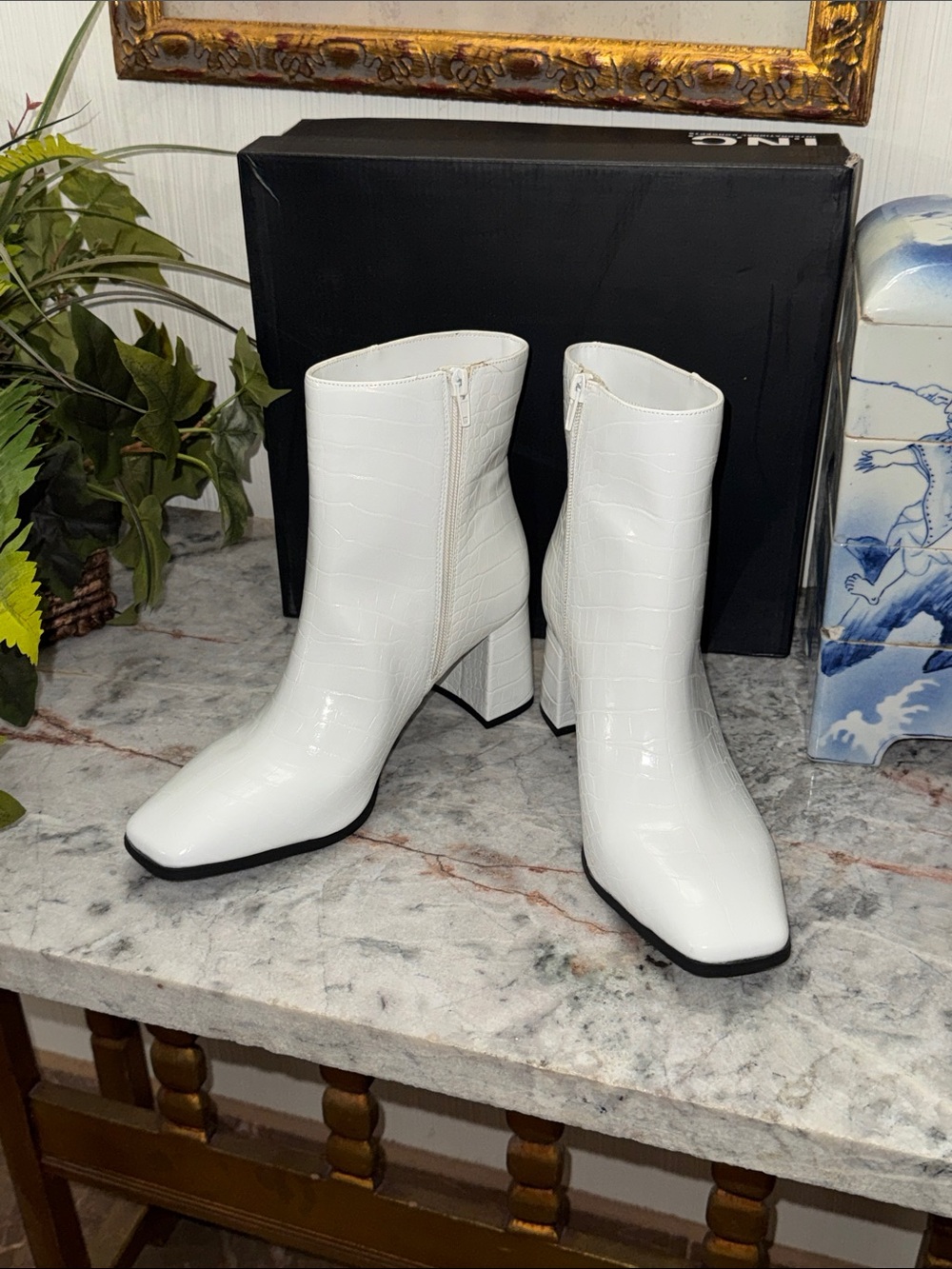 White Croc-Embossed Mid-Heel Ankle Boots